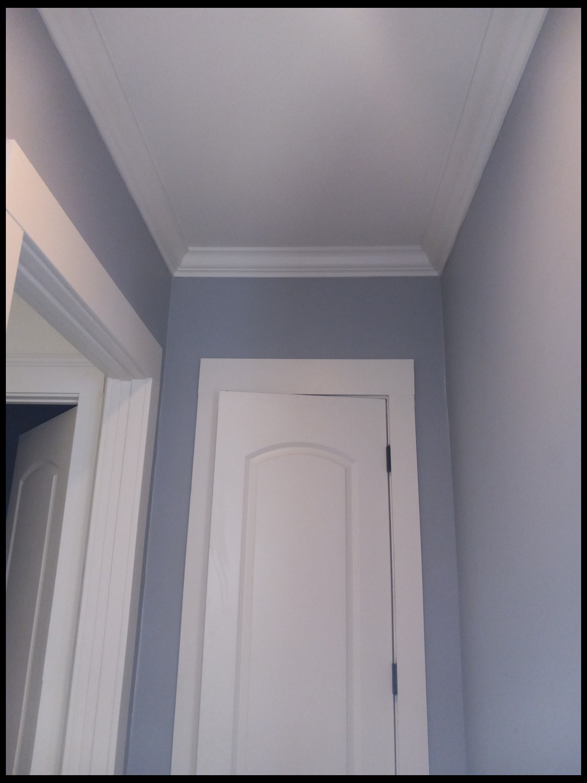 Room corner with freshly painted blue-grey walls, white crown molding and a white paneled door set in its frame